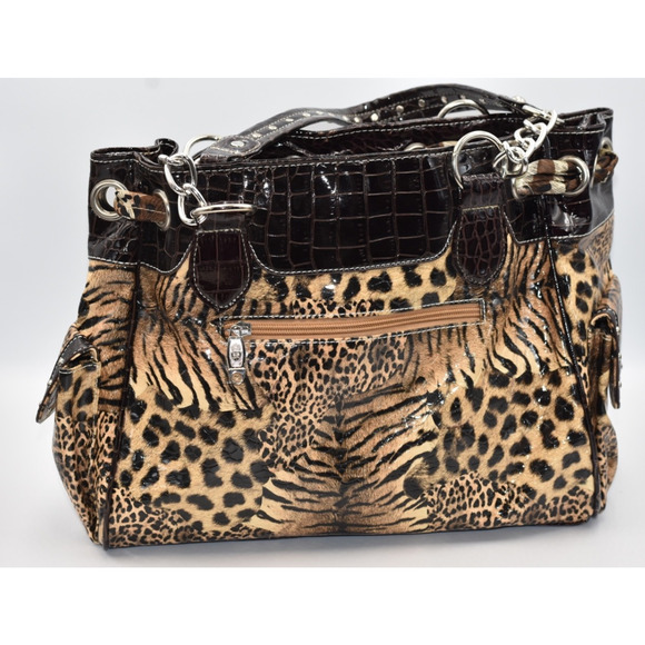 USTYLE Animal Print Western Handbag Rhinestones & Studs Dual Handles - Picture 6 of 8